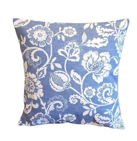 Cushion Cover Eliza Tapestry Flowers , Chambray Blue Pillow Cover , Floral Cushion 12" 14" 16" 17" 18" 20" 22" 24" 26" Handmade 100% Cotton - CushionCoverAndDecor