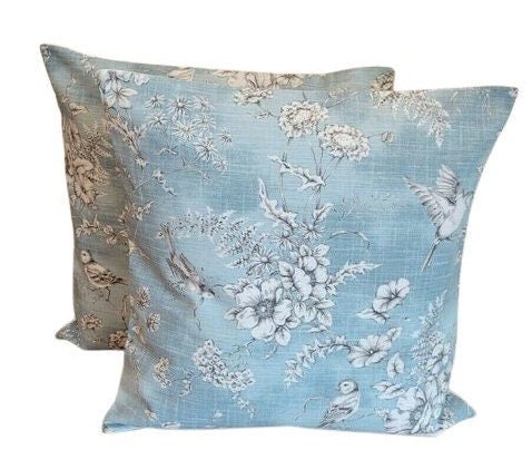 Cushion Cover Finch Toile Delft Blue Bird Design 10" 12 " 14" 16" 17" 18" 20" 22" 24" 26" , Decorative Pillow Cover ,Handmade 100% Cotton - CushionCoverAndDecor