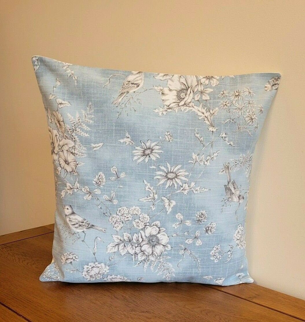 Cushion Cover Finch Toile Delft Blue Bird Design 10" 12 " 14" 16" 17" 18" 20" 22" 24" 26" , Decorative Pillow Cover ,Handmade 100% Cotton - CushionCoverAndDecor