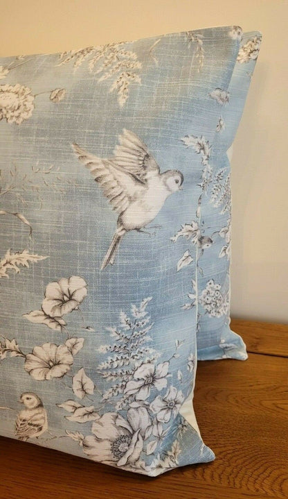 Cushion Cover Finch Toile Delft Blue Bird Design 10" 12 " 14" 16" 17" 18" 20" 22" 24" 26" , Decorative Pillow Cover ,Handmade 100% Cotton - CushionCoverAndDecor