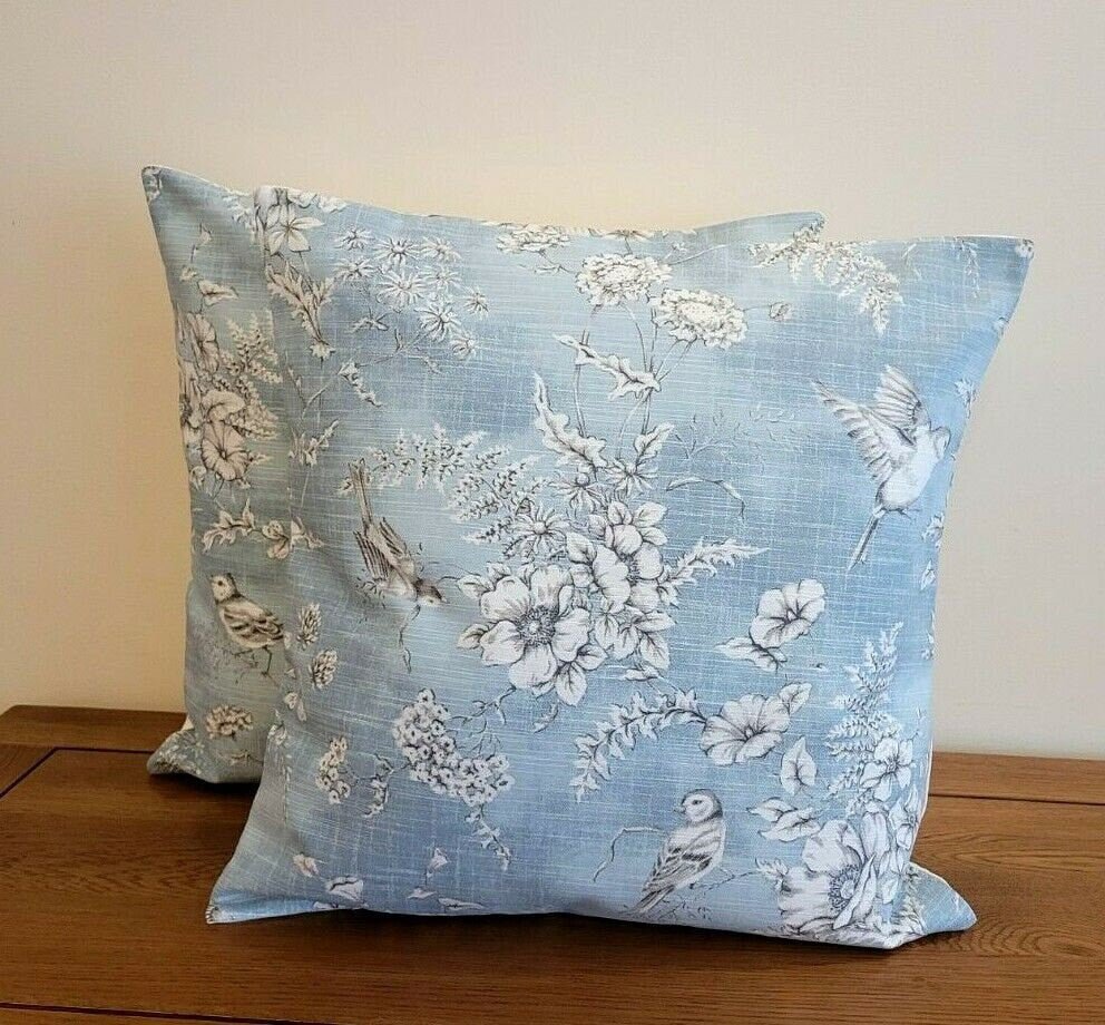 Cushion Cover Finch Toile Delft Blue Bird Design 10" 12 " 14" 16" 17" 18" 20" 22" 24" 26" , Decorative Pillow Cover ,Handmade 100% Cotton - CushionCoverAndDecor