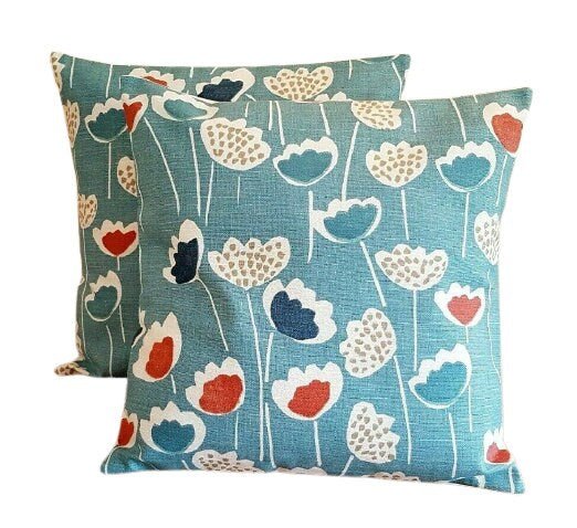 Cushion Cover Floral Clara Blue Duck- Egg Orange South Pacific Design 10" 12" 14" 16" 17" 18" 20" 22" 24" 26" Handmade - CushionCoverAndDecor