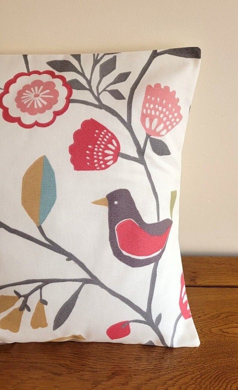 Cushion Cover Folki Pastel Pink Blue Bird Floral Design , Floral Pillow Cover 10" 12" 14" 16" 17" 18" 20" 22" 24" 26" 100% Cotton Handmade - CushionCoverAndDecor