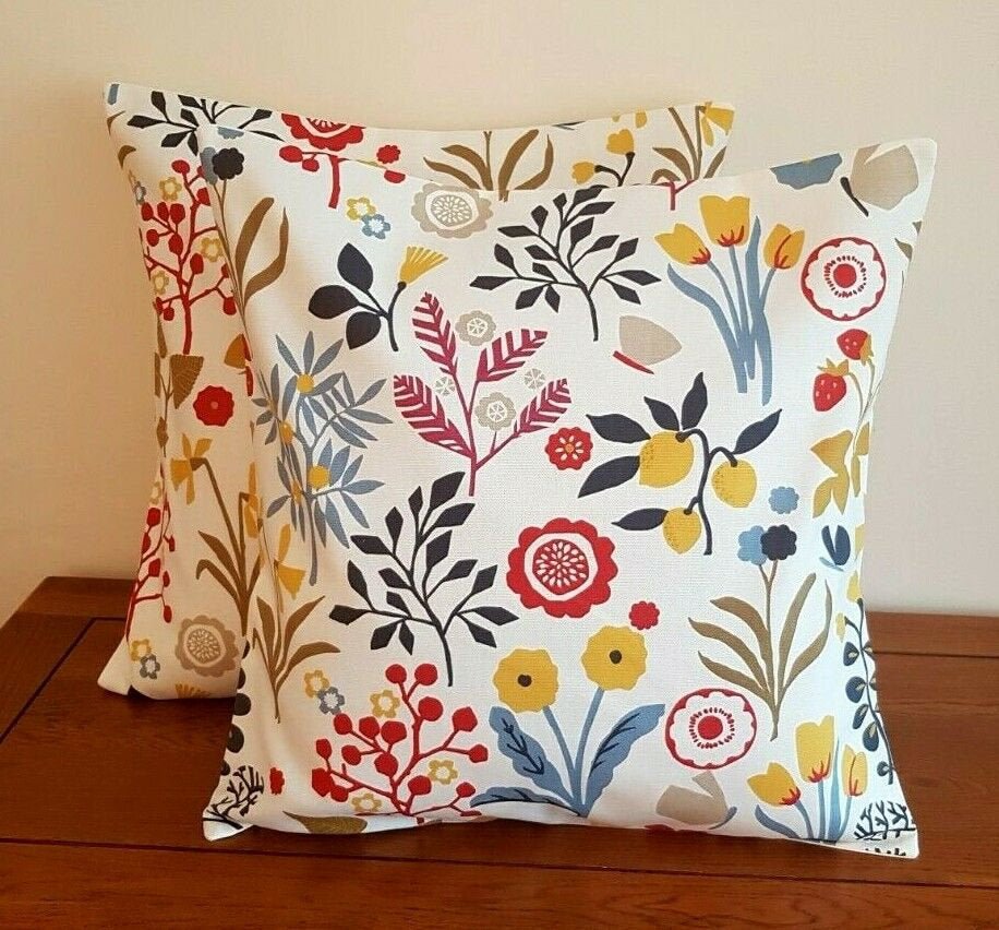 Cushion Cover Frida Indigo Cranberry Red Floral Leaf Design 10" 12" 14" 16" 17" 18" 20" 22" 24" 26" Clarke & Clarke Handmade 100% Cotton - CushionCoverAndDecor