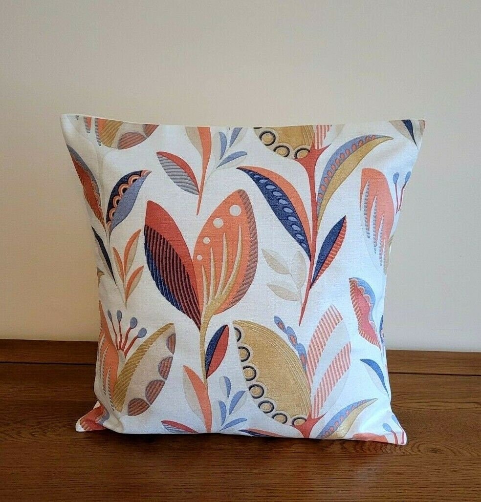 Cushion Cover Fryetts Leon Burnt Orange Blue Floral Design 10" 12 " 14" 16" 17" 18" 20" 22" 24" 26" Handmade 100% Cotton - CushionCoverAndDecor