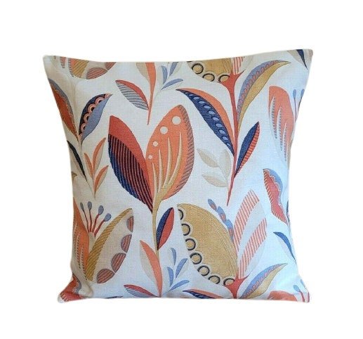 Cushion Cover Fryetts Leon Burnt Orange Blue Floral Design 10" 12 " 14" 16" 17" 18" 20" 22" 24" 26" Handmade 100% Cotton - CushionCoverAndDecor