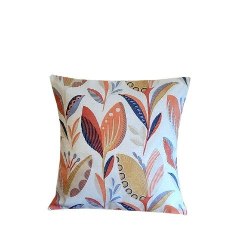 Cushion Cover Fryetts Leon Burnt Orange Blue Floral Design 10" 12 " 14" 16" 17" 18" 20" 22" 24" 26" Handmade 100% Cotton - CushionCoverAndDecor