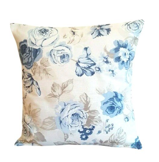 Cushion Cover Genevieve Blue Beige Chambray Floral Rose Desig 10" 12" 14" 16" 17" 18" 20" 22" 24" 26" Clarke & Clarke Handmade 100 % Cotton - CushionCoverAndDecor