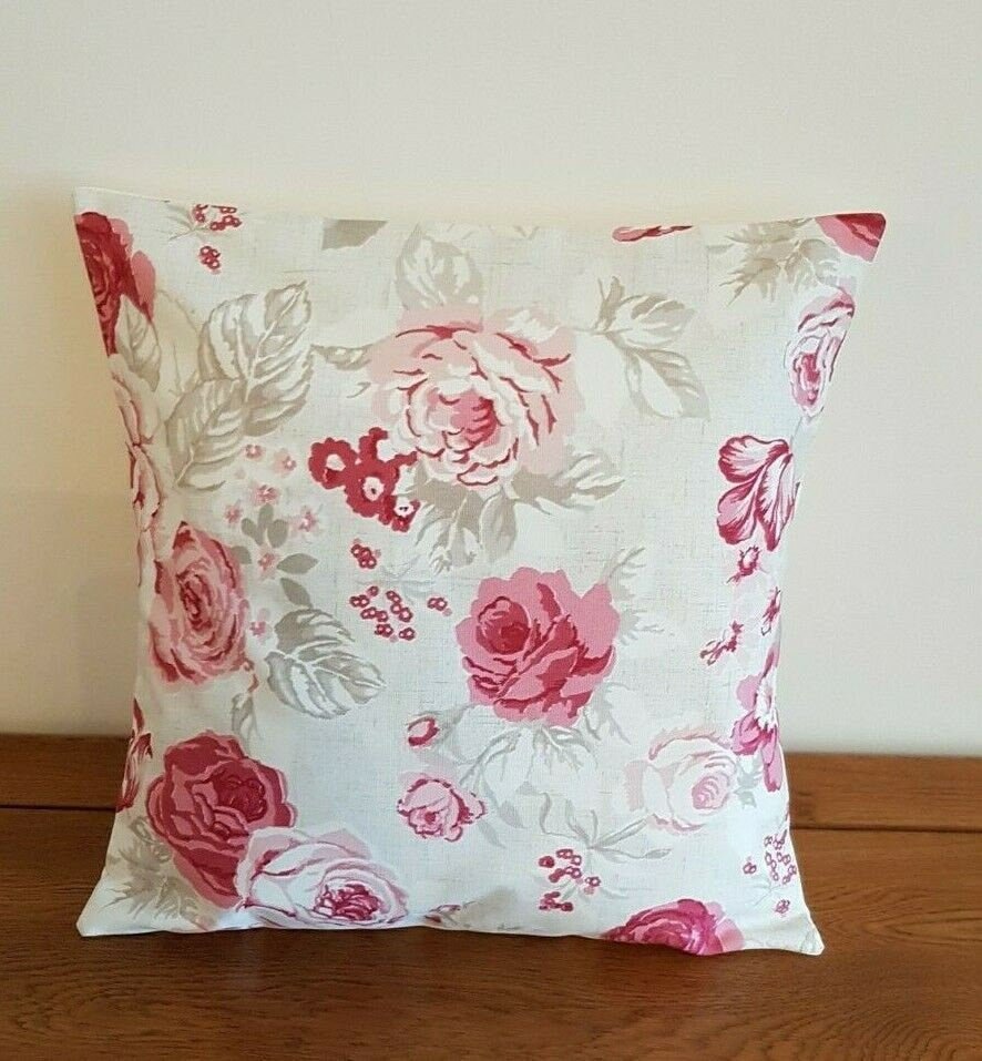 Cushion Cover Genevieve Raspberry Pink Red Rose Floral Design 10" 12" 14" 16" 17" 18" 20" 22" 24" 26" Handmade 100 % Cotton - CushionCoverAndDecor