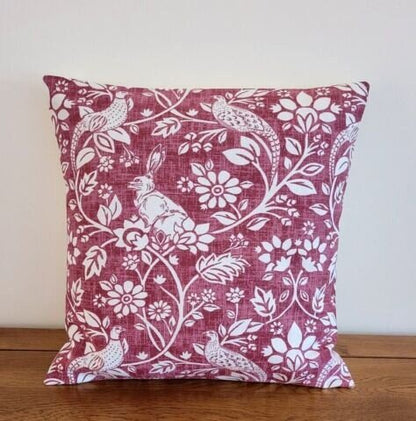 Cushion Cover Heathland Rouge Red Hares And Game Pleasant Birds Design 10" 12" 14" 16" 17" 18" 20" 22" 24" 26" Handmade 100% Cotton - CushionCoverAndDecor