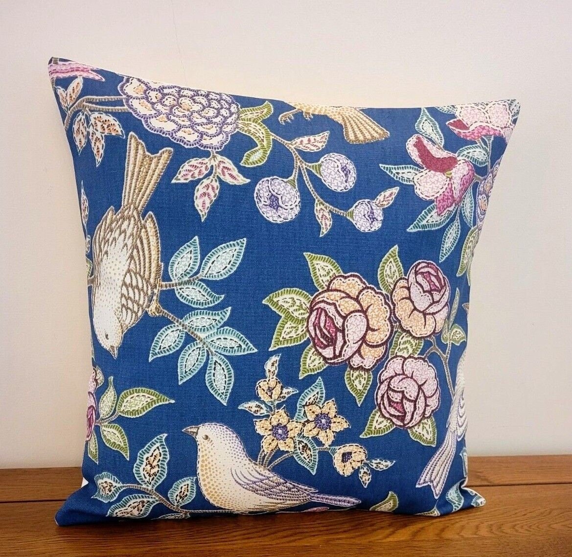 Cushion Cover Heritage Midnight Blue Birds Floral Design 10" 12" 14" 16" 17" 18" 20" 22" 24" 26" Handmade 100% Cotton - CushionCoverAndDecor