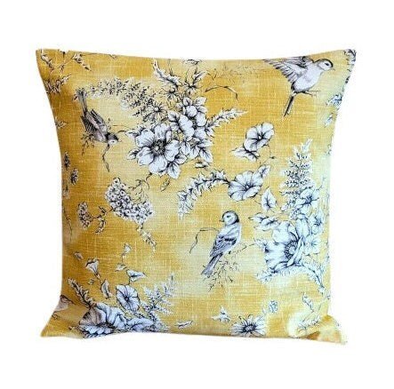 Cushion Cover iLiv Finch Toile Yellow Beige Buttercup Bird Design 10" 12 " 14" 16" 17" 18" 20" 22" 24" 26" Handmade 100% Cotton - CushionCoverAndDecor