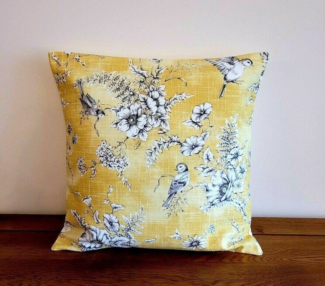 Cushion Cover iLiv Finch Toile Yellow Beige Buttercup Bird Design 10" 12 " 14" 16" 17" 18" 20" 22" 24" 26" Handmade 100% Cotton - CushionCoverAndDecor