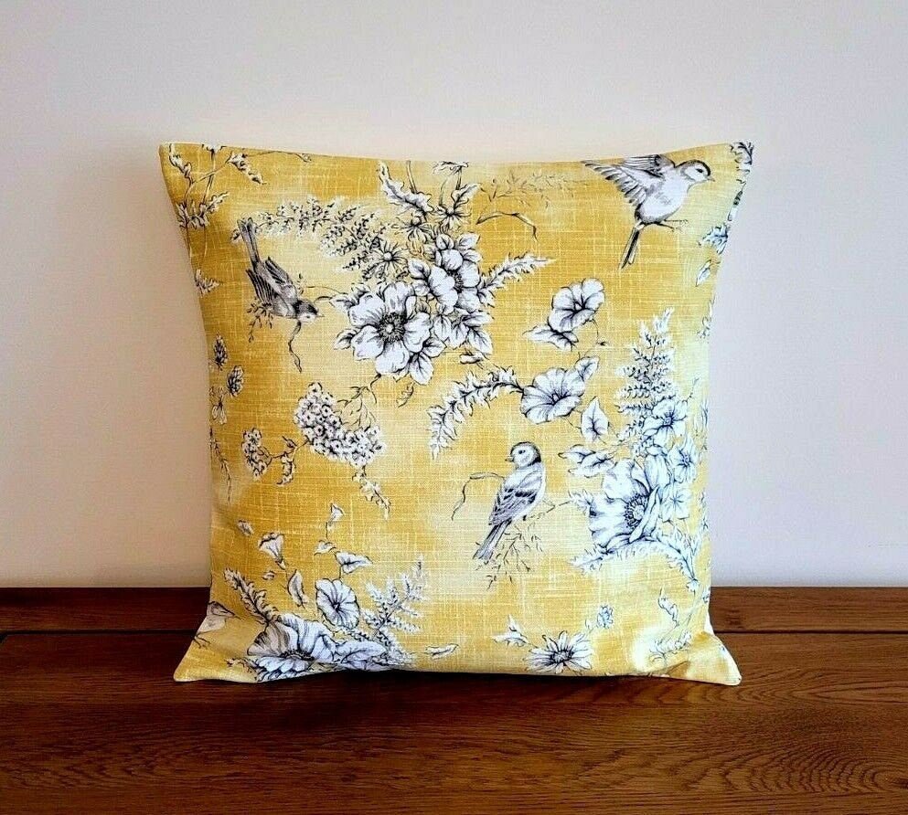 Cushion Cover iLiv Finch Toile Yellow Beige Buttercup Bird Design 10" 12 " 14" 16" 17" 18" 20" 22" 24" 26" Handmade 100% Cotton - CushionCoverAndDecor