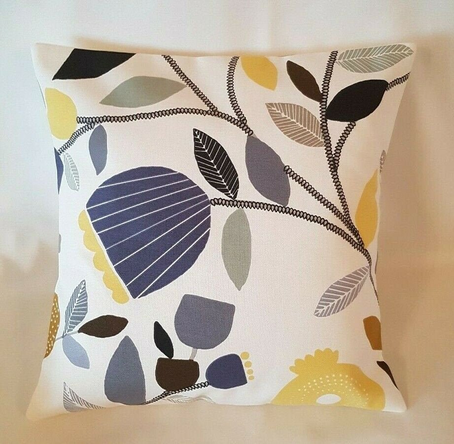 Cushion Cover iLiv Pomegranate Trail Ochre Yellow Grey Blue Floral Design 10" 12" 14" 16" 17" 18" 20" 22" 24" 26" 100% Cotton Handmade - CushionCoverAndDecor