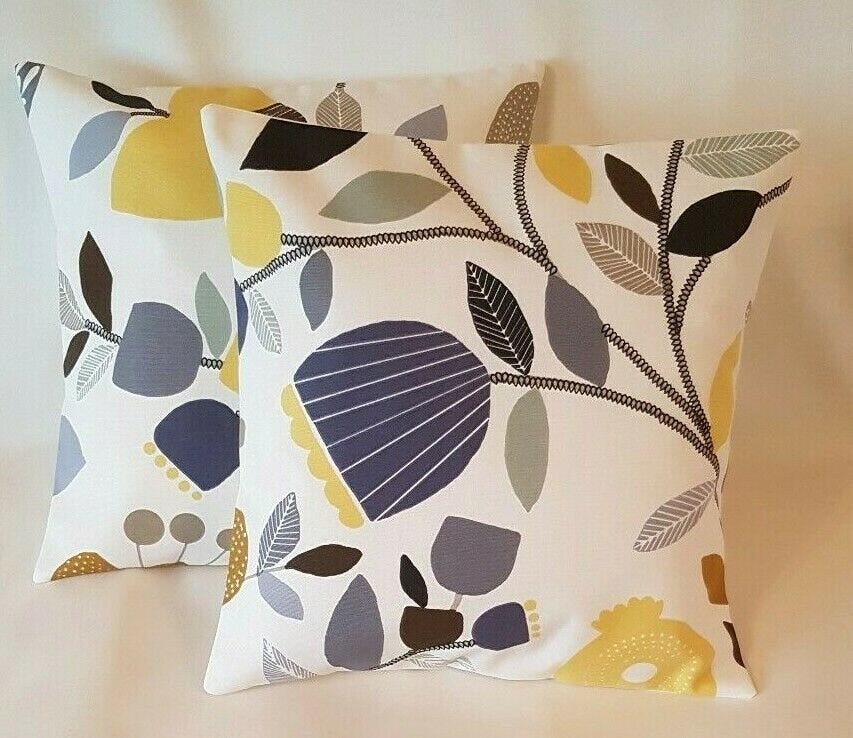 Cushion Cover iLiv Pomegranate Trail Ochre Yellow Grey Blue Floral Design 10" 12" 14" 16" 17" 18" 20" 22" 24" 26" 100% Cotton Handmade - CushionCoverAndDecor