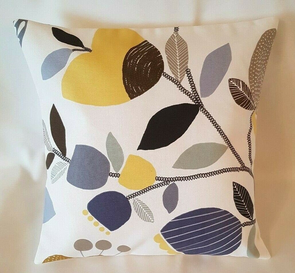 Cushion Cover iLiv Pomegranate Trail Ochre Yellow Grey Blue Floral Design 10" 12" 14" 16" 17" 18" 20" 22" 24" 26" 100% Cotton Handmade - CushionCoverAndDecor