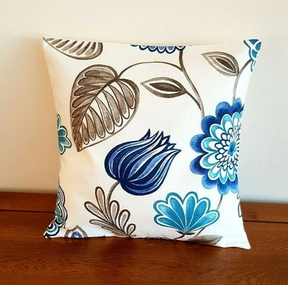 Cushion Cover iLiv Seralio Blue Beige Floral Leaf Design 10" 12" 14" 16" 17" 18" 20" 22" 24" 26" Handmade 100% Cotton - CushionCoverAndDecor