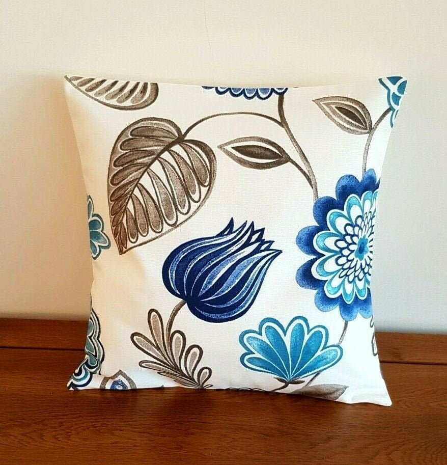 Cushion Cover iLiv Seralio Blue Beige Floral Leaf Design 10" 12" 14" 16" 17" 18" 20" 22" 24" 26" Handmade 100% Cotton - CushionCoverAndDecor