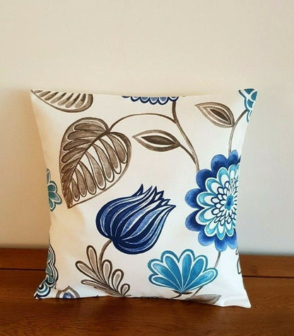 Cushion Cover iLiv Seralio Blue Beige Floral Leaf Design 10" 12" 14" 16" 17" 18" 20" 22" 24" 26" Handmade 100% Cotton - CushionCoverAndDecor