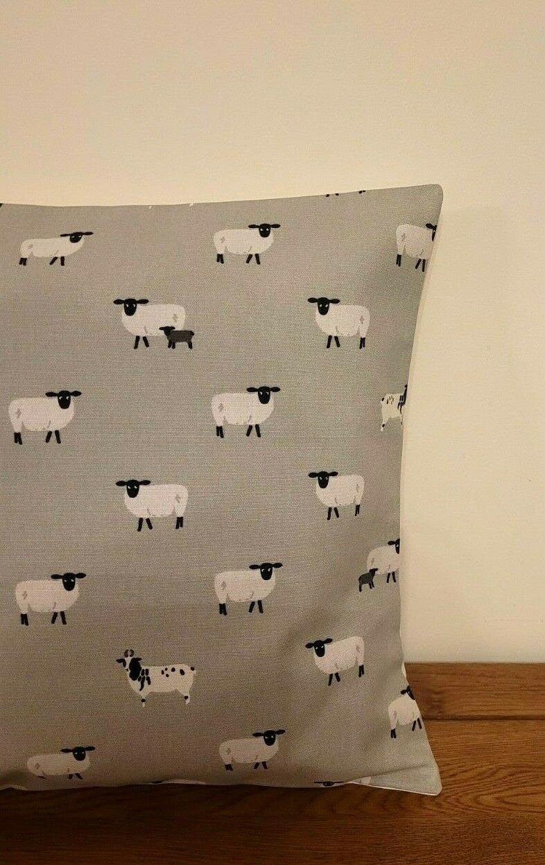 Cushion Cover In Sophie Allport Sheep Grey Black Design , Easter Cushion cover 10" 12" 14" 16" 17" 18" 20" 22" 24" 26" 100% Cotton - CushionCoverAndDecor