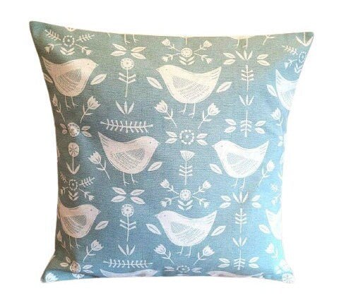 Cushion Cover Narvik Seafoam Blue Bird Design 10" 12" 14" 16" 17" 18" 20" 22" 24" 26" Handmade 100% Cotton - CushionCoverAndDecor