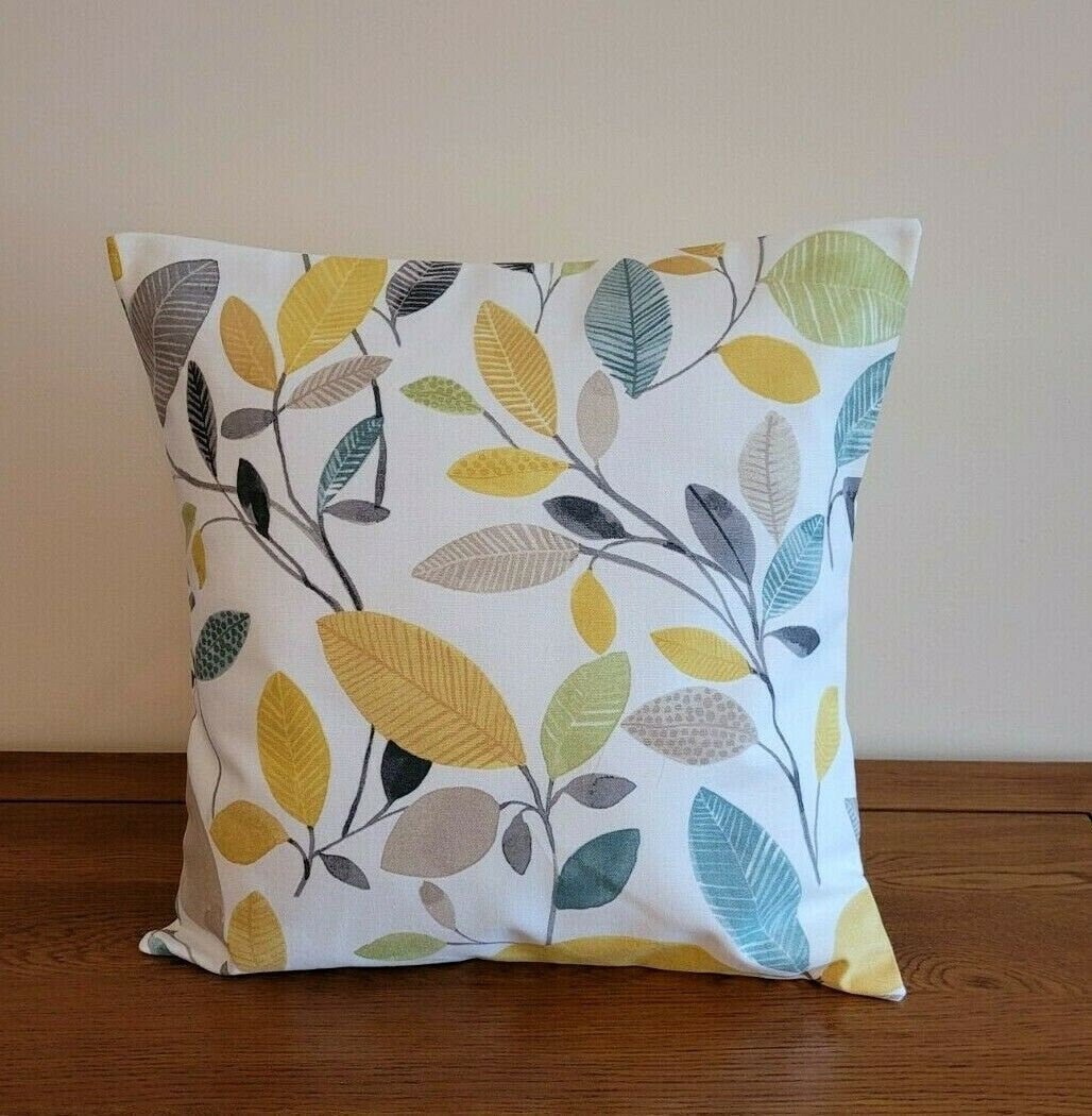 Cushion Cover Ochre Yellow Green Grey Leaf Design 10" 12" 14" 16" 17" 18" 20" 22" 24" 26" Fryetts Molveno 100% Cotton Handmade - CushionCoverAndDecor