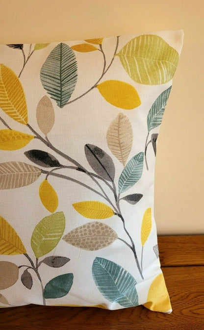 Cushion Cover Ochre Yellow Green Grey Leaf Design 10" 12" 14" 16" 17" 18" 20" 22" 24" 26" Fryetts Molveno 100% Cotton Handmade - CushionCoverAndDecor