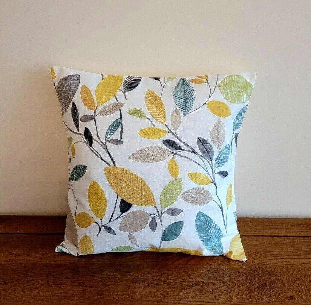 Cushion Cover Ochre Yellow Green Grey Leaf Design 10" 12" 14" 16" 17" 18" 20" 22" 24" 26" Fryetts Molveno 100% Cotton Handmade - CushionCoverAndDecor