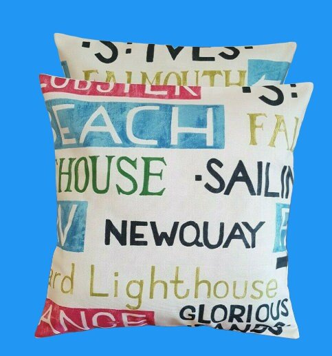 Cushion Cover Padstow Vintage Seaside Blue Red Design 10" 12" 14" 16" 17" 18" 20" 22" 24" 26" Handmade 100% Cotton - CushionCoverAndDecor