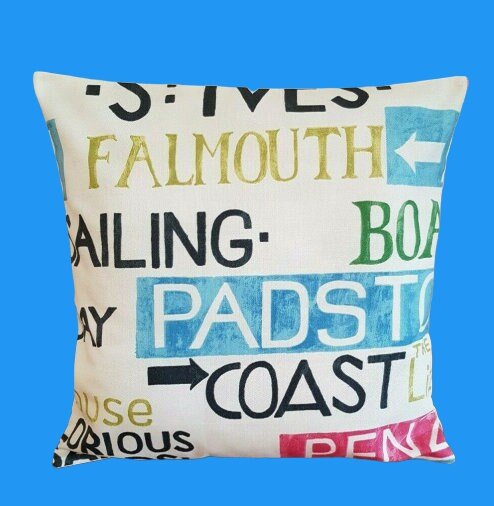 Cushion Cover Padstow Vintage Seaside Blue Red Design 10" 12" 14" 16" 17" 18" 20" 22" 24" 26" Handmade 100% Cotton - CushionCoverAndDecor