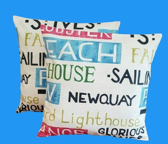 Cushion Cover Padstow Vintage Seaside Blue Red Design 10" 12" 14" 16" 17" 18" 20" 22" 24" 26" Handmade 100% Cotton - CushionCoverAndDecor