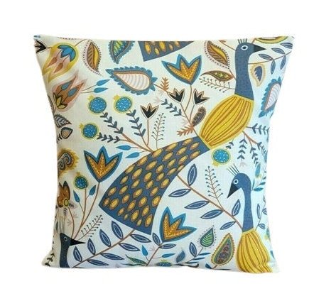 Cushion Cover Peacock Floral Ochre Teal Green Design 16" 17" 18" 20" 22" 24" 26" Decorative Pillow , Handmade 100% Cotton - CushionCoverAndDecor