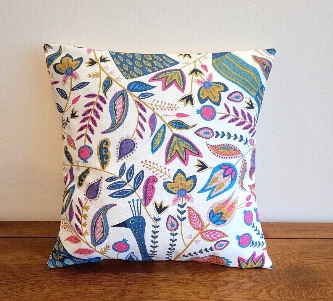 Cushion Cover Peacock Floral , Teal Green Pink Pillow Cover , Peacock Cushion 10" 12" 14" 16" 17" 18" 20" 22" 24" 26" Handmade 100% Cotton - CushionCoverAndDecor