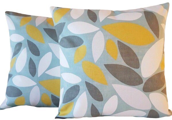 Cushion Cover Pimlico Blue Duck-Egg Safron Yellow Leaves Design 10" 12" 14" 16" 17" 18" 20" 22" 24" 26" 100% Cotton Handmade - CushionCoverAndDecor