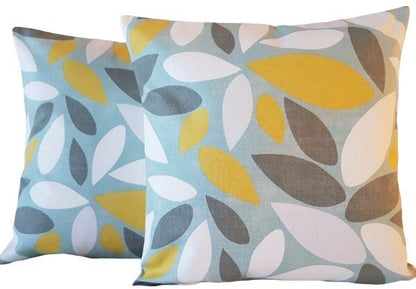 Cushion Cover Pimlico Blue Duck-Egg Safron Yellow Leaves Design 10" 12" 14" 16" 17" 18" 20" 22" 24" 26" 100% Cotton Handmade - CushionCoverAndDecor