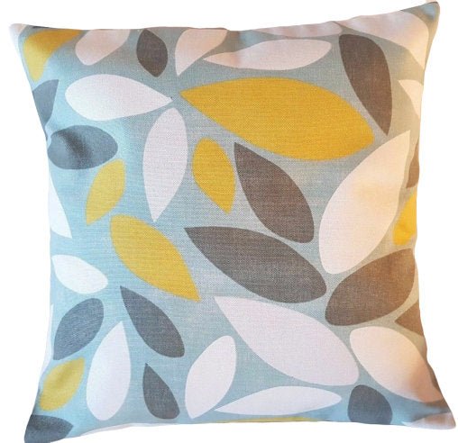 Cushion Cover Pimlico Blue Duck-Egg Safron Yellow Leaves Design 10" 12" 14" 16" 17" 18" 20" 22" 24" 26" 100% Cotton Handmade - CushionCoverAndDecor