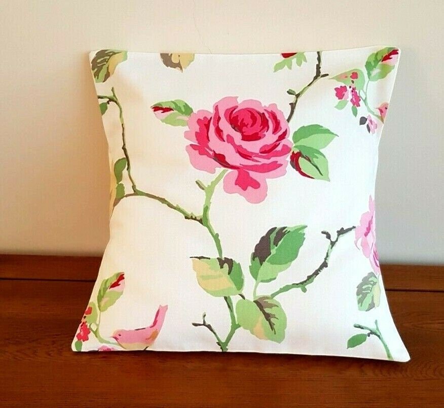 Cushion Cover Pink Green Floral Birds Agatha Summer Design 10" 12" 14" 16" 17" 18" 20" 22" 24" 26" Clarke&clarke 100% Cotton Handmade - CushionCoverAndDecor