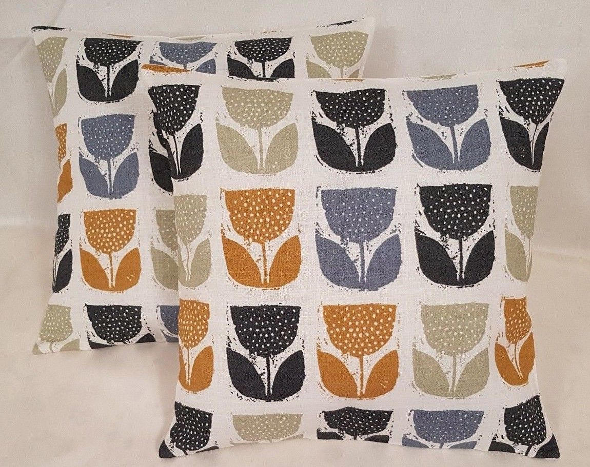 Cushion Cover Poppy Pod Saffron Yellow Black Blue Floral Design 10" 12" 14" 16" 17" 18" 20" 22" 24" 26" 100% Cotton Fabric Handmade - CushionCoverAndDecor