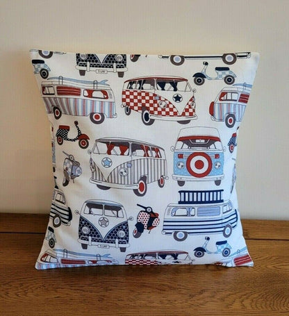 Cushion Cover Red Blue Happy Camper Van Scooters 10" 12" 14" 16" 17" 18" 20" 22" 24" 26" Lifestyle Handmade 100% Cotton - CushionCoverAndDecor