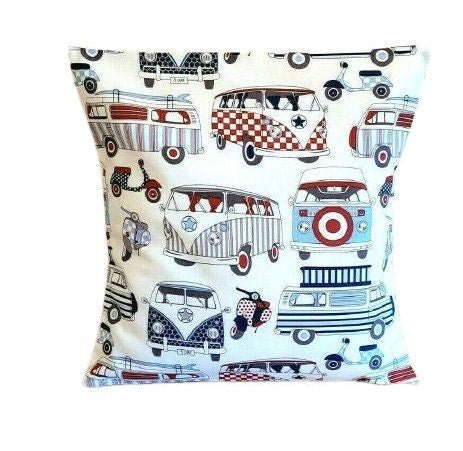 Cushion Cover Red Blue Happy Camper Van Scooters 10" 12" 14" 16" 17" 18" 20" 22" 24" 26" Lifestyle Handmade 100% Cotton - CushionCoverAndDecor