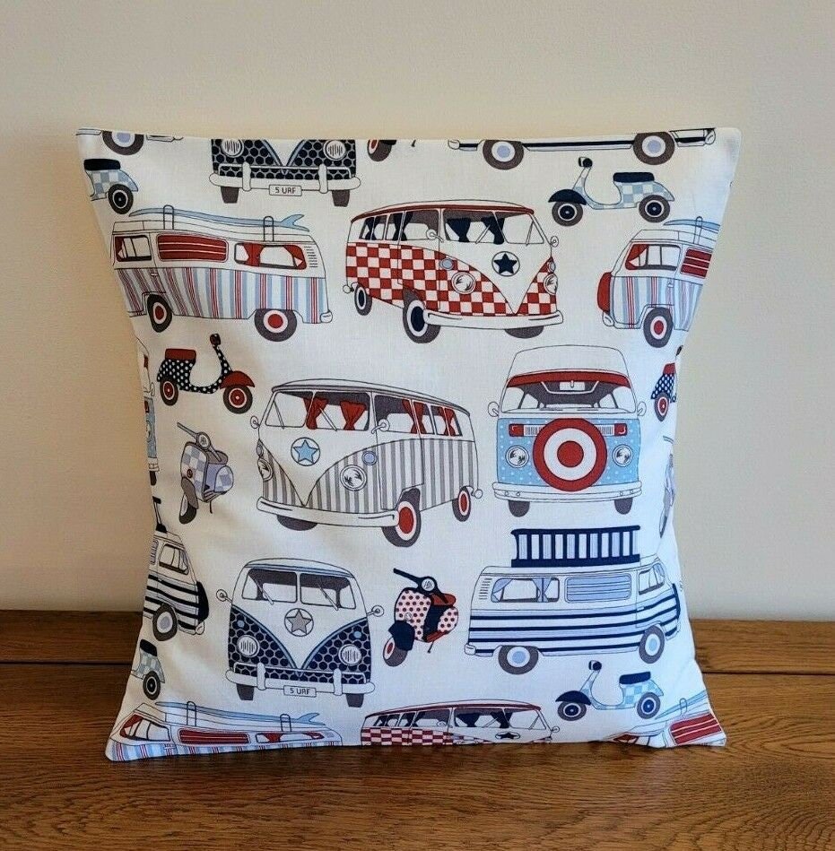 Cushion Cover Red Blue Happy Camper Van Scooters 10" 12" 14" 16" 17" 18" 20" 22" 24" 26" Lifestyle Handmade 100% Cotton - CushionCoverAndDecor