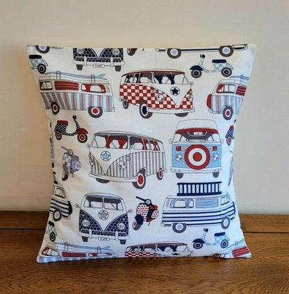 Cushion Cover Red Blue Happy Camper Van Scooters 10" 12" 14" 16" 17" 18" 20" 22" 24" 26" Lifestyle Handmade 100% Cotton - CushionCoverAndDecor