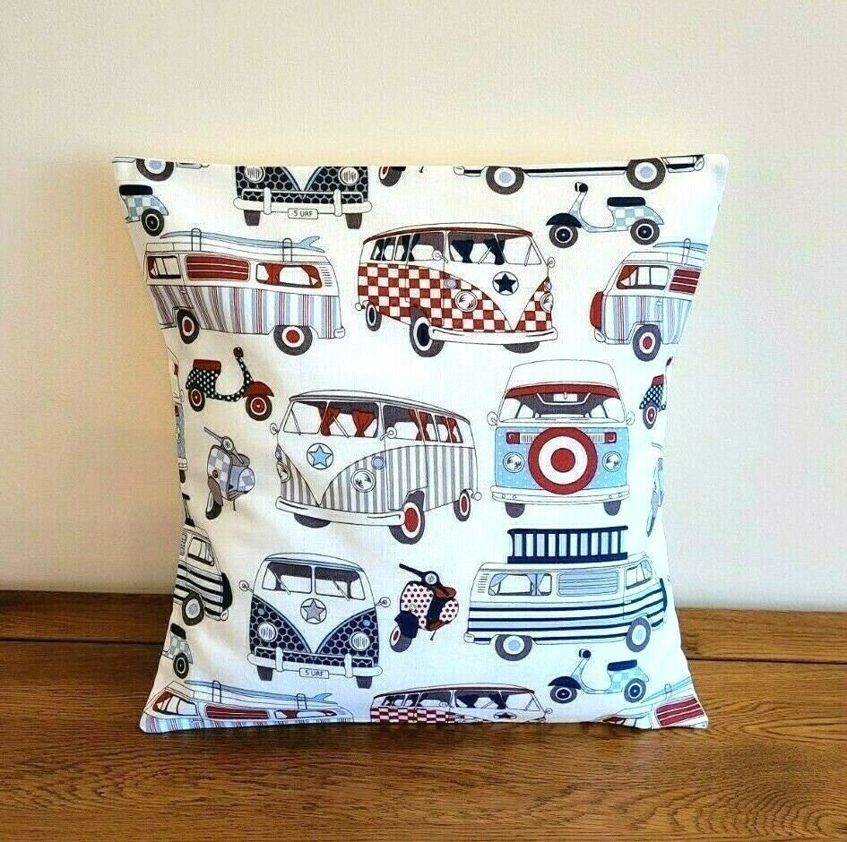 Cushion Cover Red Blue Happy Camper Van Scooters 10" 12" 14" 16" 17" 18" 20" 22" 24" 26" Lifestyle Handmade 100% Cotton - CushionCoverAndDecor