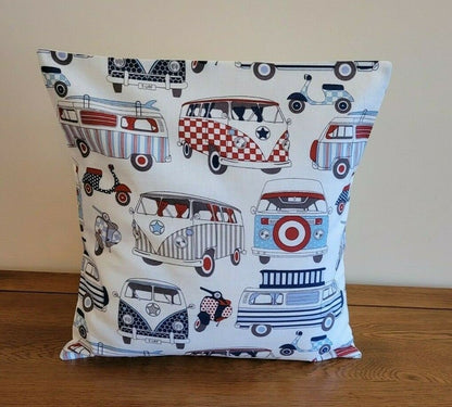 Cushion Cover Red Blue Happy Camper Van Scooters 10" 12" 14" 16" 17" 18" 20" 22" 24" 26" Lifestyle Handmade 100% Cotton - CushionCoverAndDecor