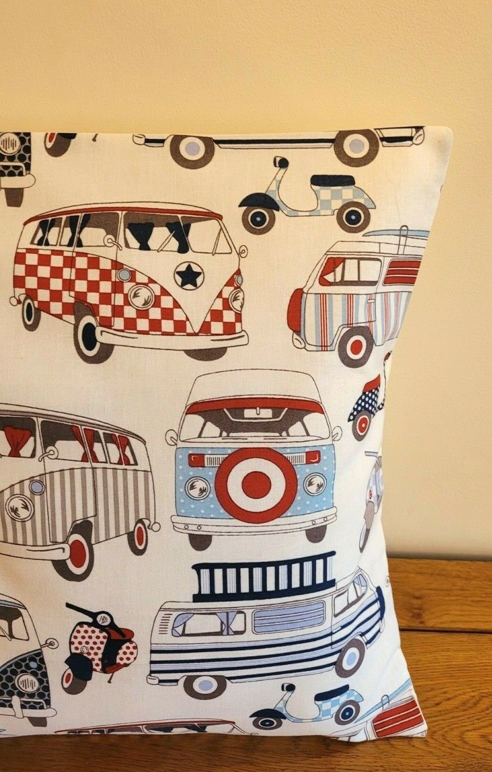 Cushion Cover Red Blue Happy Camper Van Scooters 10" 12" 14" 16" 17" 18" 20" 22" 24" 26" Lifestyle Handmade 100% Cotton - CushionCoverAndDecor