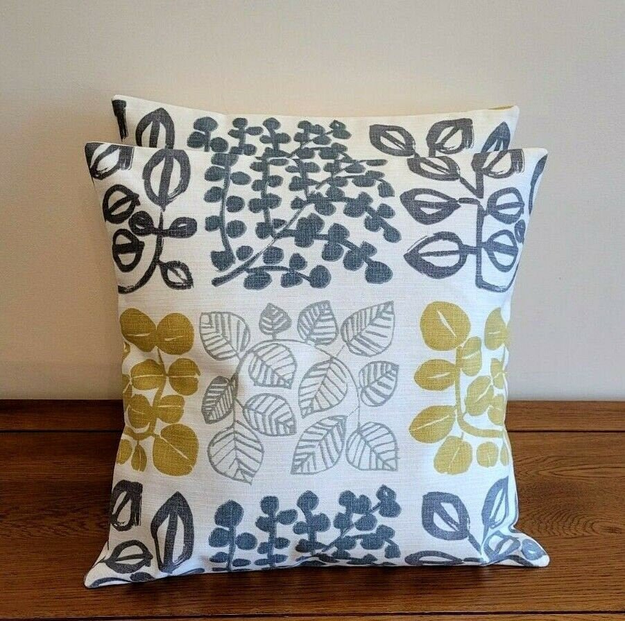 Cushion Cover Saffron Mustard Yellow Grey Leaf Design 10" 12" 14" 16" 17" 18" 20" 22" 24" 26" Handmade 100% Cotton - CushionCoverAndDecor