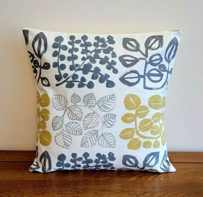 Cushion Cover Saffron Mustard Yellow Grey Leaf Design 10" 12" 14" 16" 17" 18" 20" 22" 24" 26" Handmade 100% Cotton - CushionCoverAndDecor