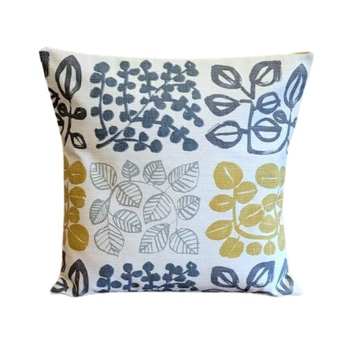 Cushion Cover Saffron Mustard Yellow Grey Leaf Design 10" 12" 14" 16" 17" 18" 20" 22" 24" 26" Handmade 100% Cotton - CushionCoverAndDecor