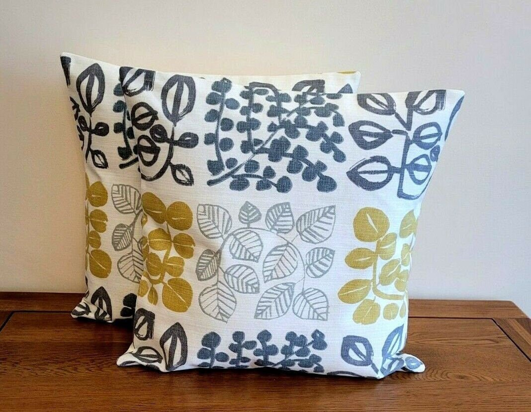 Cushion Cover Saffron Mustard Yellow Grey Leaf Design 10" 12" 14" 16" 17" 18" 20" 22" 24" 26" Handmade 100% Cotton - CushionCoverAndDecor